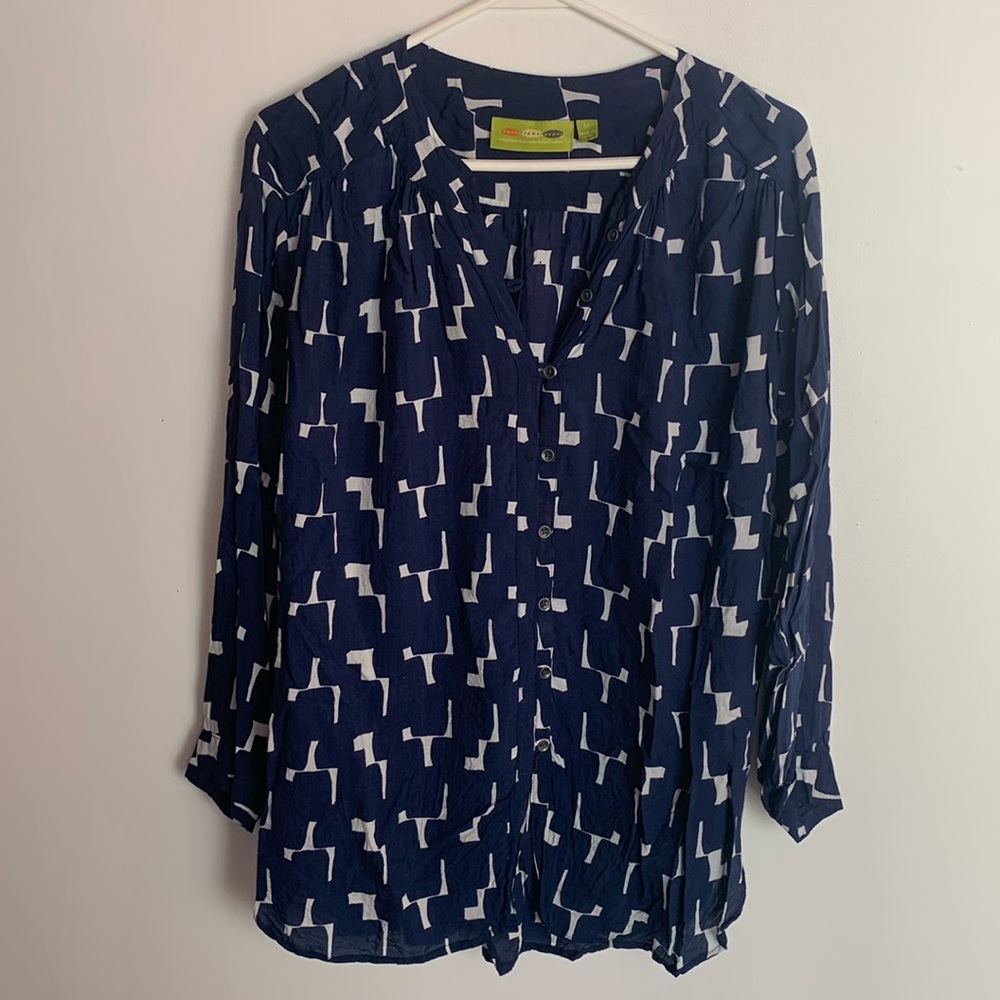 Rock Flower Paper Blue Geometric Blouse Sz M